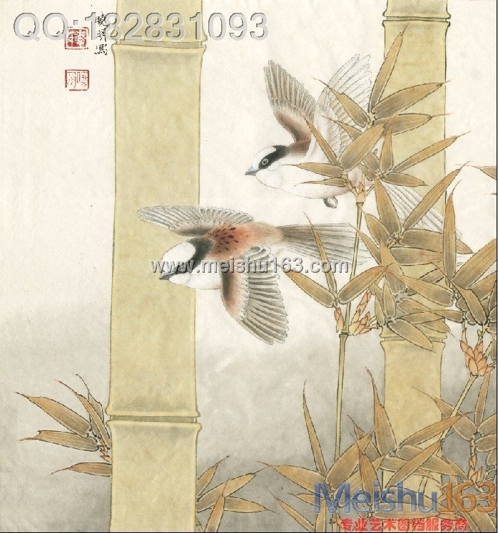 ... 工笔花鸟 高仿李晓明国画工笔画小品 30x32 竹子