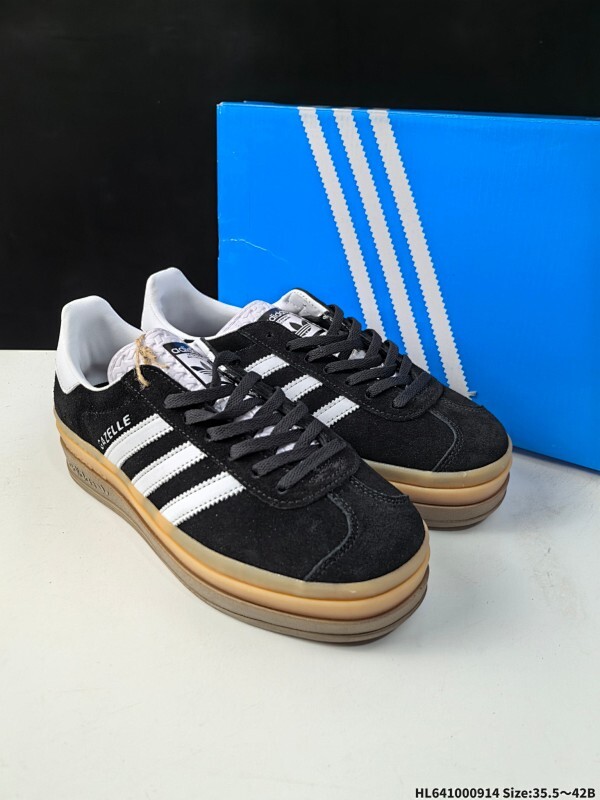 ✅Adidas Originals Gazelle Bold W 羚羊松糕系列“翻毛黑白生胶底” 三叶草厚底休闲防滑耐磨低帮板鞋 鞋头出色设计 塑就出众贴合感
