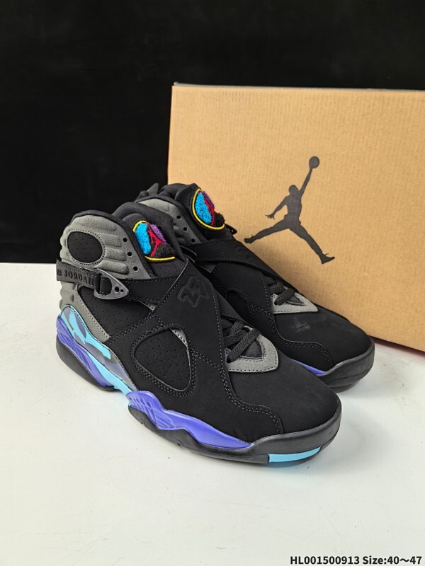 超级A Air Jordan 8 Retro "Aqua" 高帮 复刻全明星黑水鬼 AJ8 乔丹8代 aj8 乔8 高邦 复刻黑紫 乔丹篮球鞋系列 鞋面采用大面积黑色磨砂材质覆盖