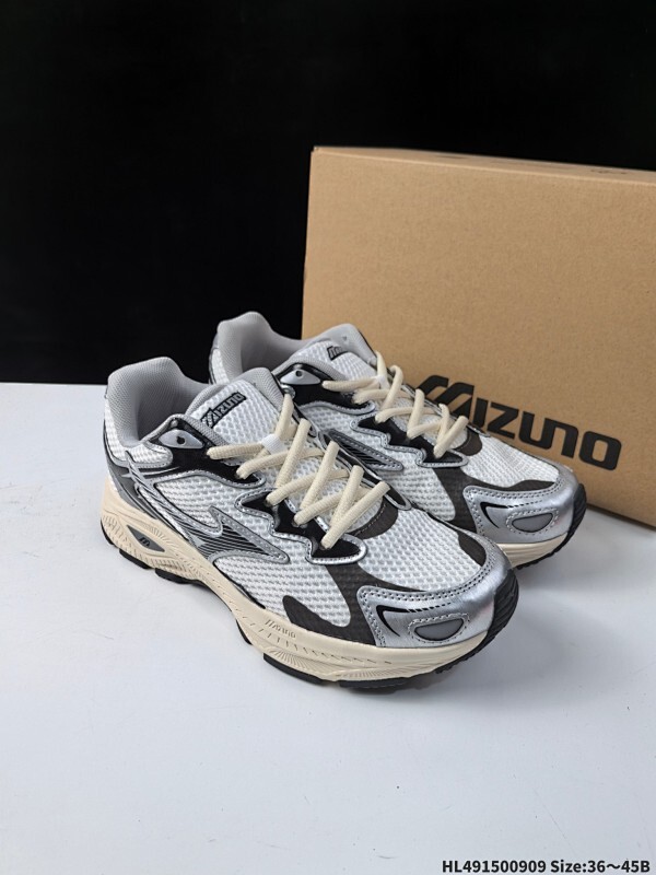集合一  Mizuno Racer S 复古做旧运动舒适 网布耐磨透气 低帮跑步鞋 男女同款 银灰色