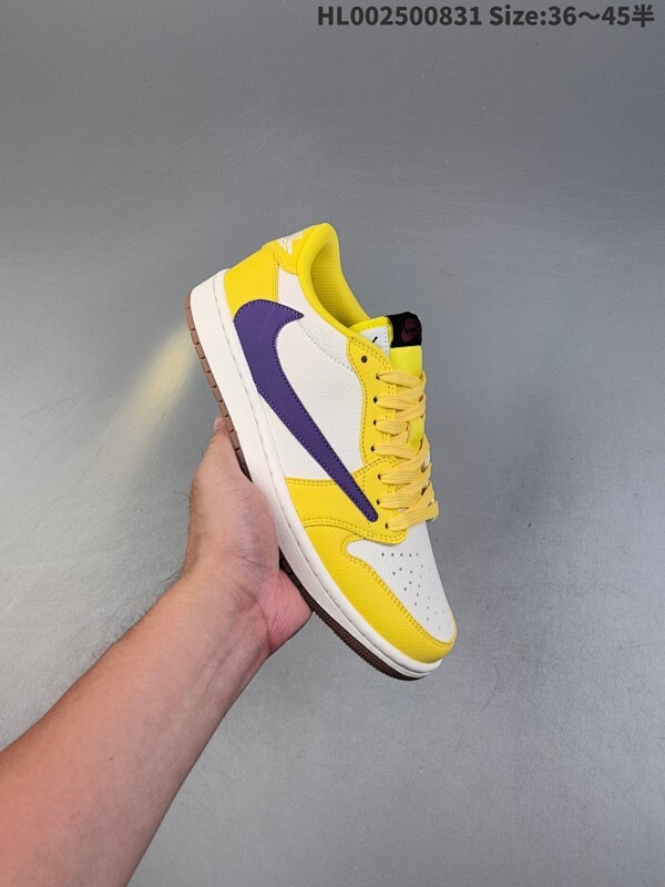 公司级 头层 Travis Scott x Air Jordan 1 Low 低帮 黄白紫倒钩 AJ1 乔丹1代 aj1 乔1 低邦 黄红紫倒勾联名 乔丹篮球鞋系列