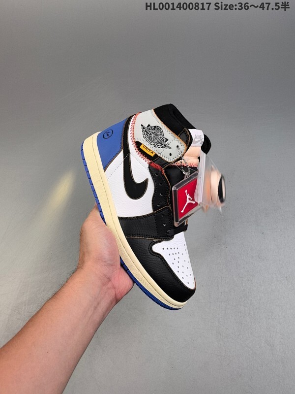 头层带半码 Union x Fragment Design x Air Jordan 1 Retro High OG 高帮 藤原浩黑白蓝拼接 AJ1
