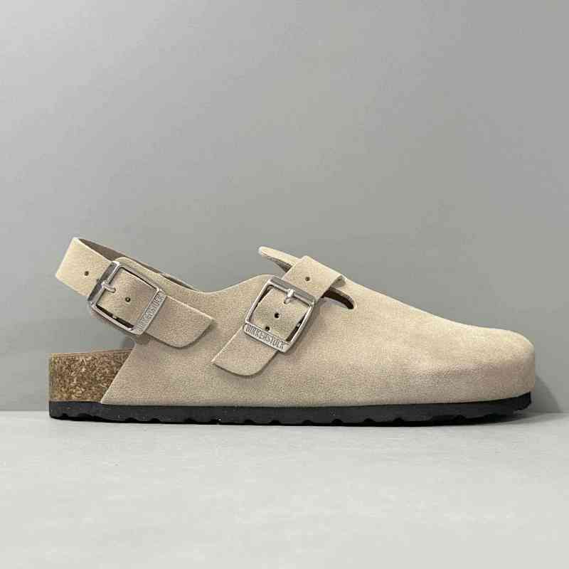 BK版本 半拖后跟-浅灰反绒 Birkenstock 舒适百搭 防磨包头拖鞋 男女同款 灰褐色