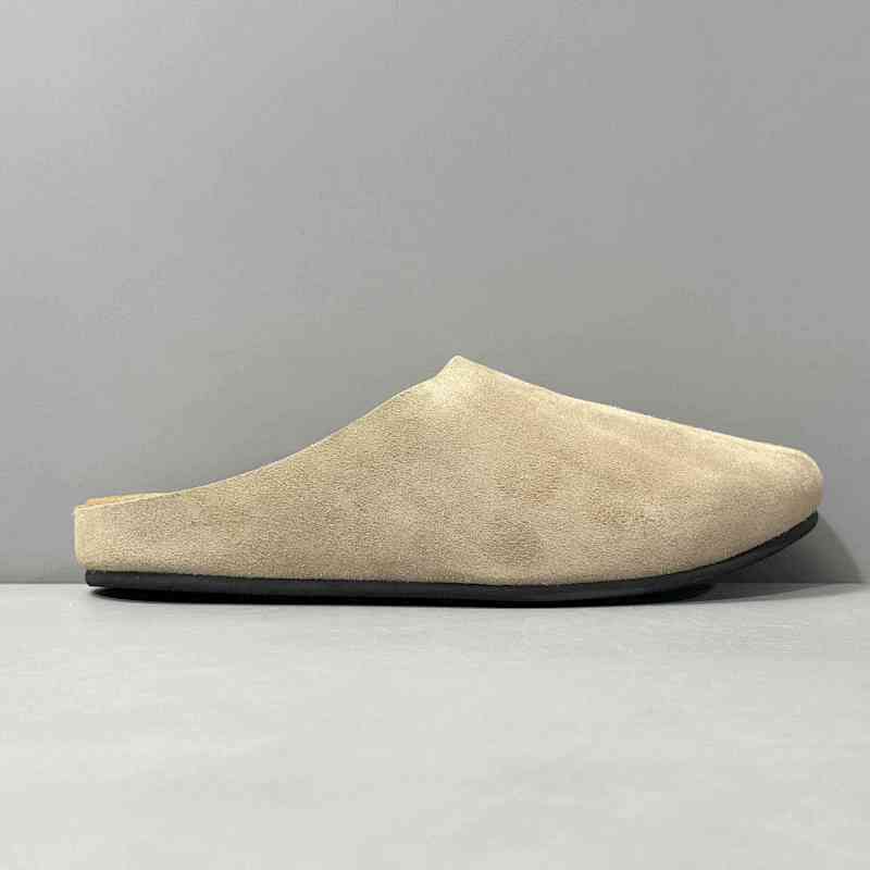 BK版本 The Row半拖-浅杏色 THE ROW 绒面套脚平底包头拖鞋