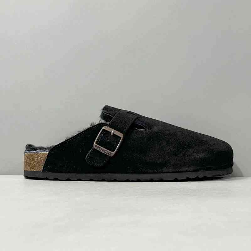 BK版本 半拖-黑色反绒里毛 Birkenstock Boston 羊皮毛一体时尚凉拖 女款