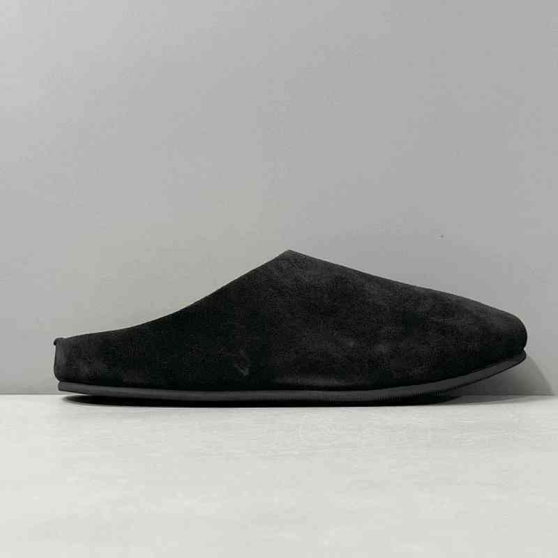 BK版本 The Row半拖黑色 THE ROW 绒面套脚平底包头拖鞋  黑色
