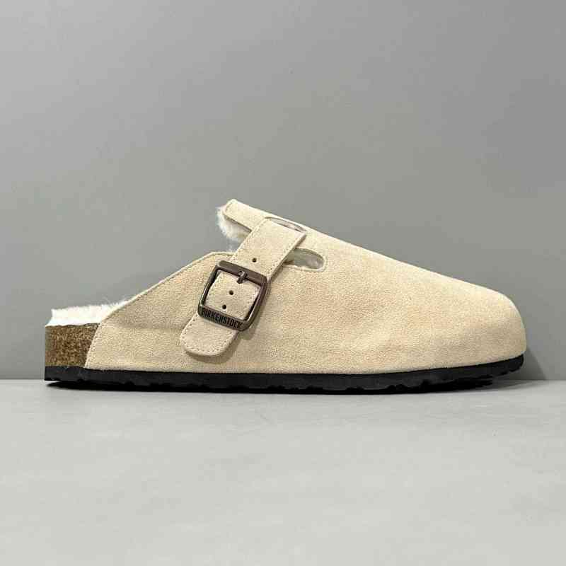 BK版本 半拖-粟色反绒里毛 Birkenstock Boston 羊皮毛一体时尚凉拖 女款