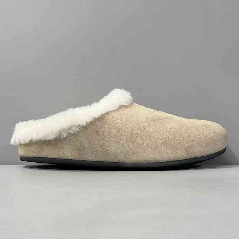 BK版本 TR半拖-浅杏色毛里 THE ROW 绒里半拖鞋 绒面套脚平底包头拖鞋