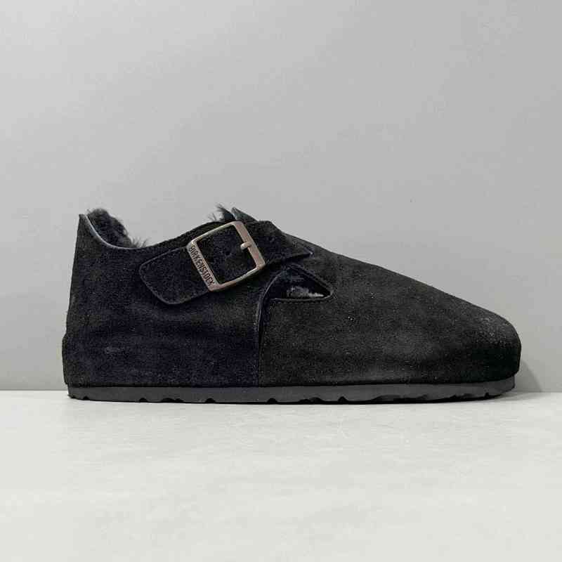 BK版本 全鞋-黑色反绒毛里 Birkenstock London London Shearling系列 牛皮绒面革 毛毛休闲 时尚板鞋 男女同款