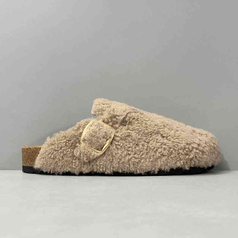 BK版本 半拖-棕色卷毛 秋冬季Birkenstock 舒适保暖百搭厚底 包头拖鞋 女款