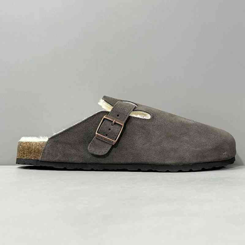 BK版本 半拖-深灰反绒里毛 Birkenstock Boston 羊皮毛一体时尚凉拖 女款