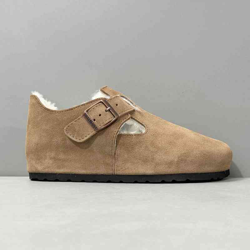 BK版本  全鞋-棕色反绒毛里 Birkenstock London London Shearling系列 牛皮绒面革 毛毛休闲 时尚板鞋 男女同款