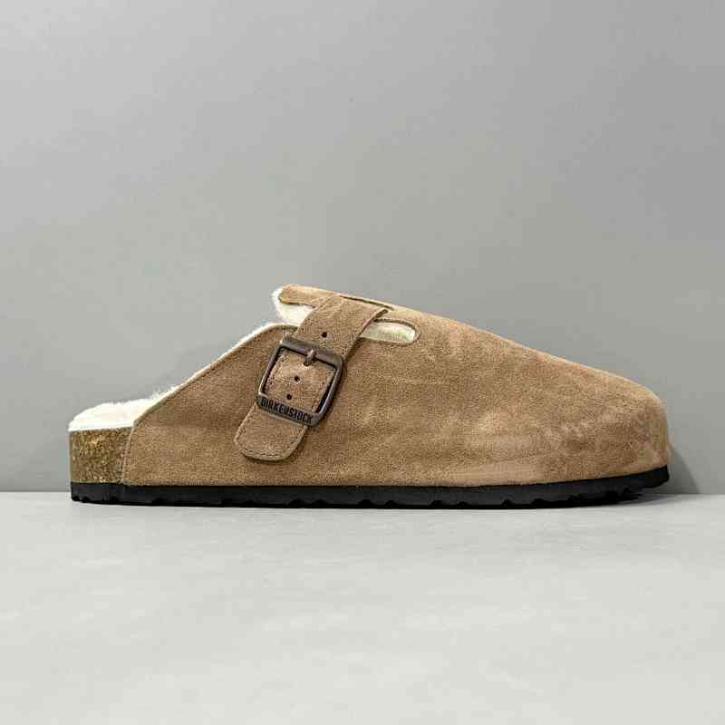 BK版本 半拖-棕色反绒里毛 Birkenstock Boston 羊皮毛一体时尚凉拖 女款