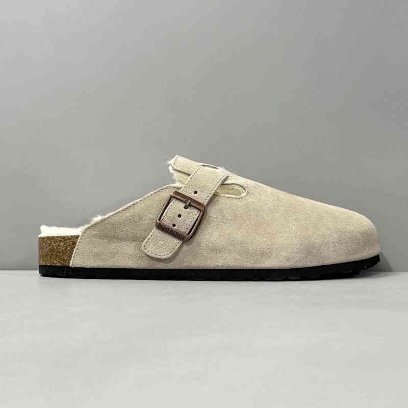 BK版本 半拖-橄榄绿反绒里毛 Birkenstock Boston 羊皮毛一体时尚凉拖 女款 浅灰-橄榄绿