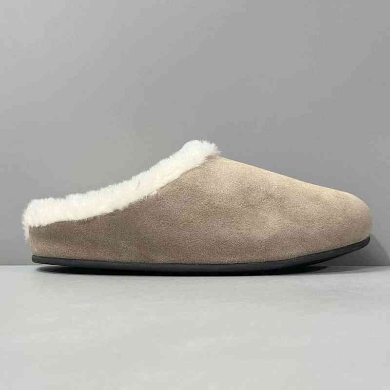 BK版本 TR半拖-灰褐色毛里 THE ROW 绒里半拖鞋 绒面套脚平底包头拖鞋