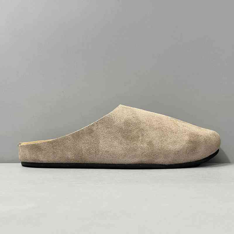 BK版本 The Row半拖-灰褐色 THE ROW 绒面套脚平底包头拖鞋