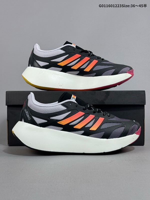 16036-45半 Adidas Adizero Aruku 阿迪达斯 低帮 黑白橙 快跑系列低邦轻量厚底透气休闲运动慢跑鞋货号JS1052