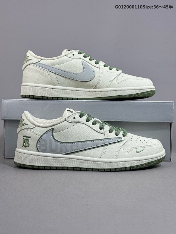 20036-45半 定制球鞋 Burberry x Travis Scott x Air Jordan 1 Low 巴宝莉 x AJ1 低帮 米白绿倒勾联名货号DM7866-020