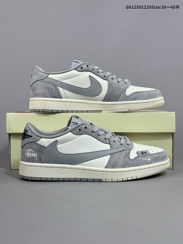 25036-45半 定制球鞋 Stussy x Travis Scott x Air Jordan 1 Low 斯图西 x AJ1 低帮 灰白倒勾联名货号SJ2068-132