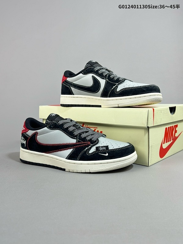 25036-45半 定制球鞋 Stussy x Travis Scott x Air Jordan 1 Low 斯图西 x AJ1 低帮 黑灰红倒勾联名货号SJ2068-133