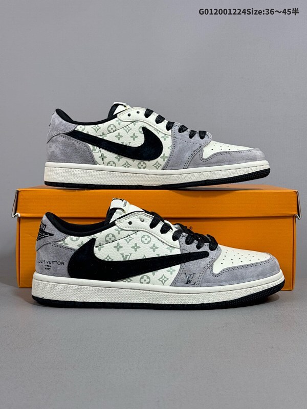 20036-45半 定制球鞋 Louis Vuitton x Travis Scott x Air Jordan 1 Low低帮 灰白黑倒勾联名货号SJ2068-101