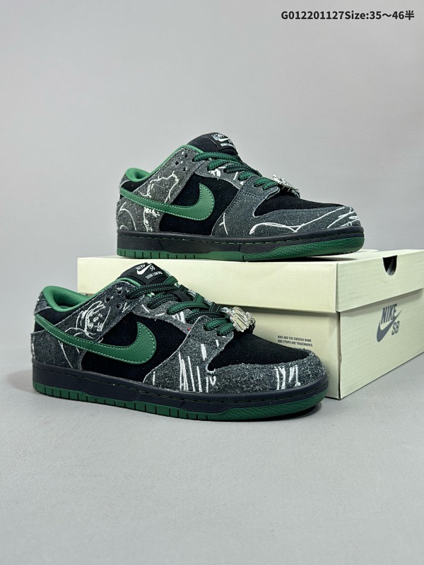 22035.5-46半 头层带半码 There Skateboards x Nike Dunk SB Low 耐克 SB 低帮 联名黑绿 男女同款低邦运动休闲板鞋货号HF7743-001