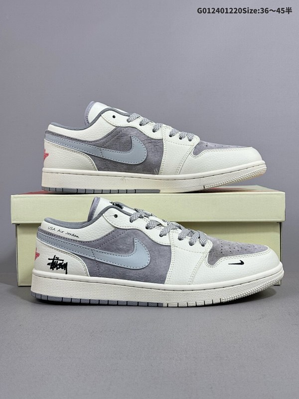 24036-45半 定制球鞋 Stussy x Air Jordan 1 Low 斯图西 x AJ1 低帮 联名米白灰货号SJ9950-044