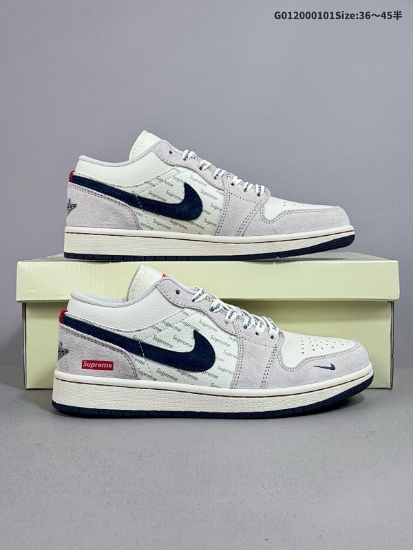 20036-45半 定制球鞋 Supreme x Air Jordan 1 Low Sup x AJ1 低帮 联名灰白蓝货号LJ6688-009