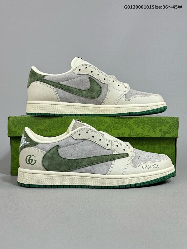 20036-45半 定制球鞋 Gucci x Travis Scott x Air Jordan 1 Low 古驰 x AJ1 低帮 米灰绿倒勾联名货号LX1988-106