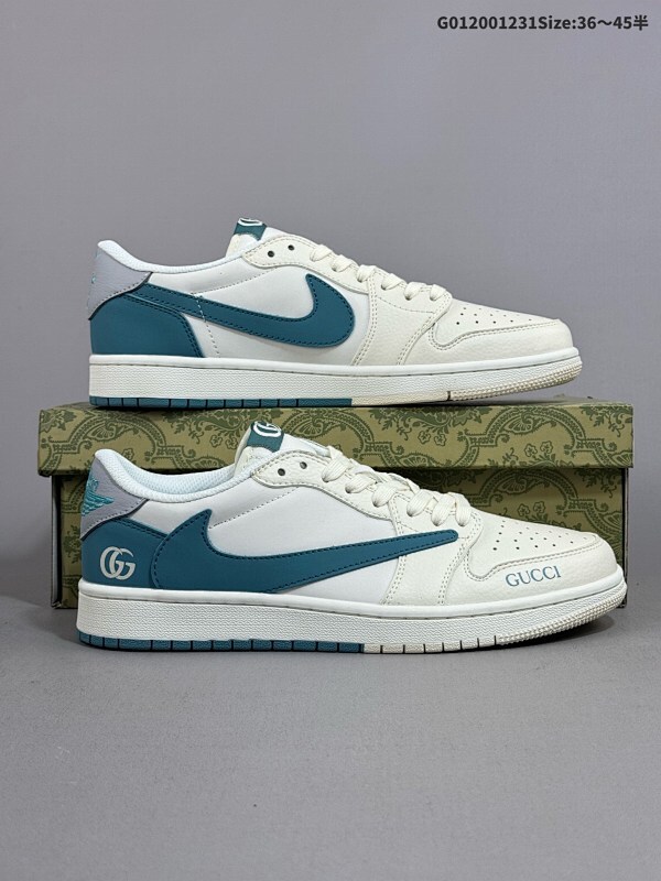 20036-45半 定制球鞋 Gucci x Travis Scott x Air Jordan 1 Low 古奇古驰 x AJ1 低帮 米白蓝倒勾联名货号LJ5188-022