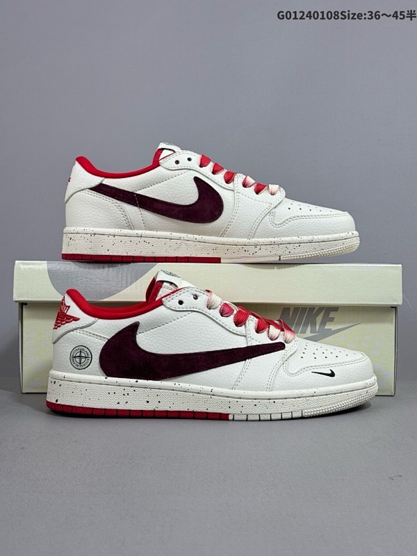 24036-45半 定制球鞋 Stone Island x Travis Scott x Air Jordan 1 Low 石头岛 x AJ1 低帮 米酒红倒勾联名货号CF3688-077