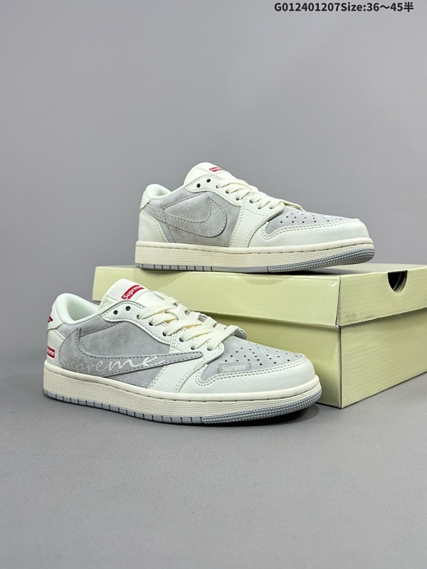 25036-45半 定制球鞋 Supreme x Travis Scott x Air Jordan 1 Low Sup x AJ1 低帮 灰白红倒勾联名货号XS3086-004