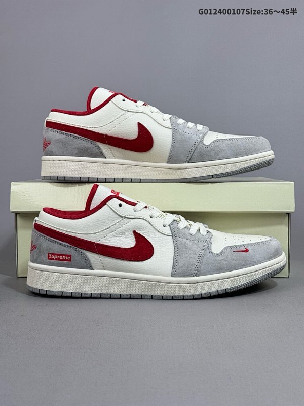 24036-45半 定制球鞋 Supreme x Air Jordan 1 Low Sup x AJ1 低帮 联名灰白红货号SJ9950-024
