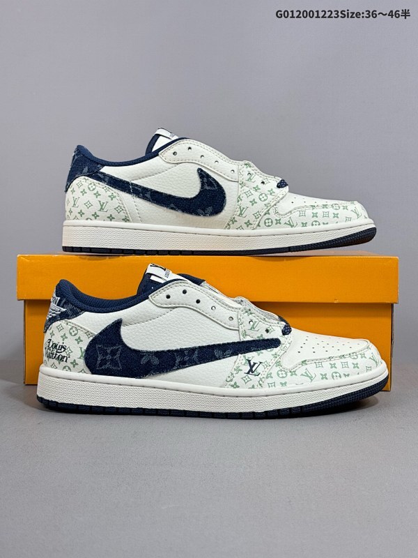 20036-46半 定制球鞋 Louis Vuitton x Travis Scott x Air Jordan 1 Low低帮 白蓝牛仔倒勾联名货号SJ2068-004