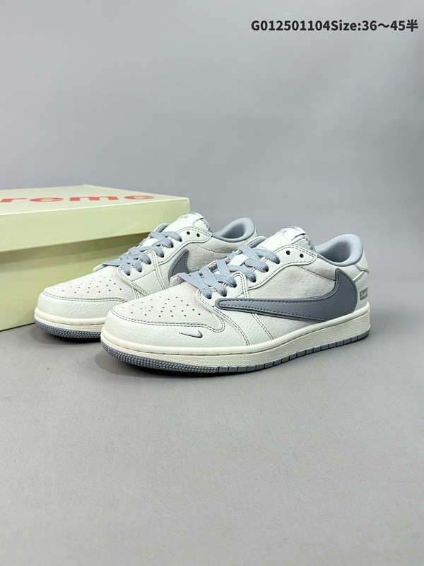 25036-45半 定制球鞋 Supreme x Travis Scott x Air Jordan 1 Low Sup x AJ1 低帮 米白灰倒勾联名货号XZ2268-003