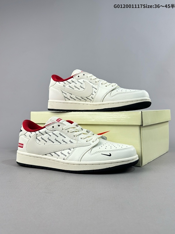 20036-45半 头层带半码 定制球鞋 Supreme x Travis Scott x Air Jordan 1 Low Sup x AJ1 低帮 米白红倒勾联名货号YQ2088-671
