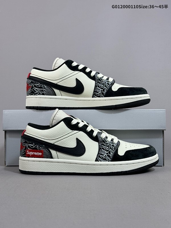 20036-45半 定制球鞋 Supreme x Air Jordan 1 Low Sup x AJ1 低帮 联名黑白红 AJ1货号DC2024-032