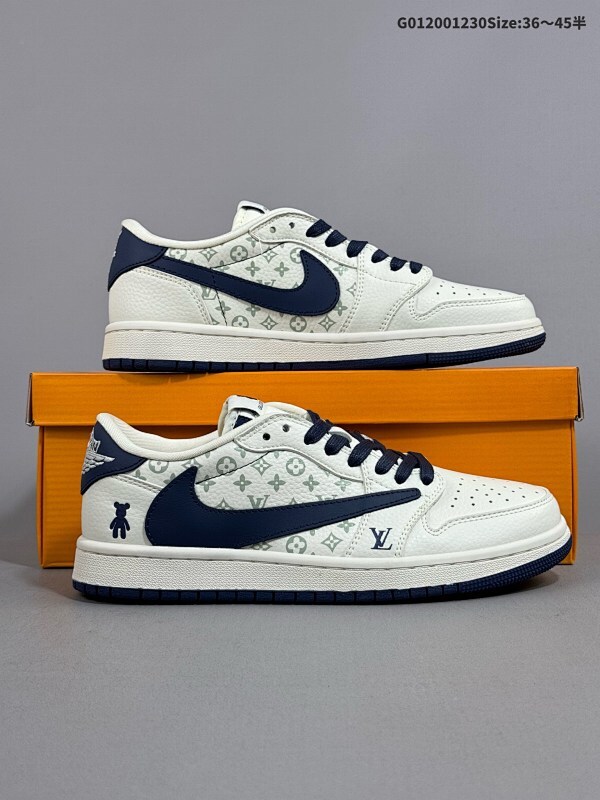 20036-45半 定制球鞋 Kaws x Louis Vuitton x Travis Scott x Air Jordan 1 Low低帮米深蓝倒勾联名 AJ1货号SJ2068-100