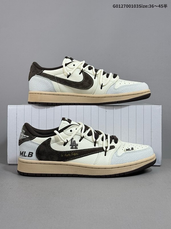 27036-45半 定制球鞋 MLB NY x Travis Scott x Air Jordan 1 Low MLB x AJ1 低帮 蓝白棕倒勾货号XS3186-204