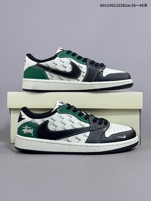 24036-45半 定制球鞋 Stussy x Travis Scott x Air Jordan 1 Low 斯图西 x AJ1 低帮 黑白绿倒勾联名货号AG3702-805