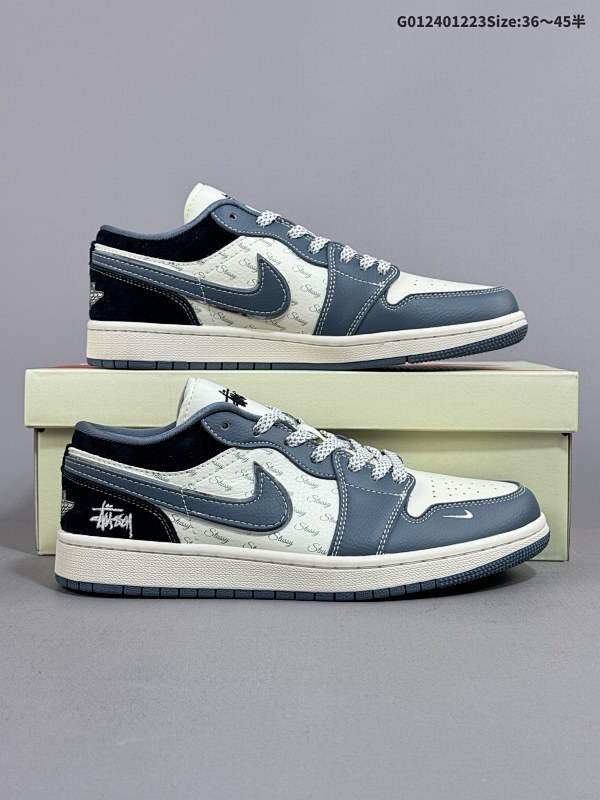 24036-45半 定制球鞋 Stussy x Air Jordan 1 Low 斯图西 x AJ1 低帮 联名蓝白黑货号XX3318-503