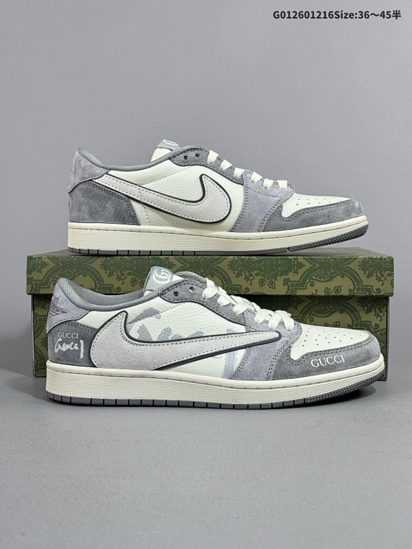 26036-45半 定制球鞋 Gucci x Travis Scott x Air Jordan 1 Low 古奇古驰 x AJ1 低帮 灰白色倒勾联名货号DM9288-001