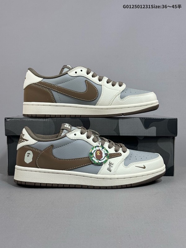 25036-45半 定制球鞋 Bape x Travis Scott x Air Jordan 1 Low Bape x AJ1 低帮 灰白棕倒勾联名货号BB6511-627