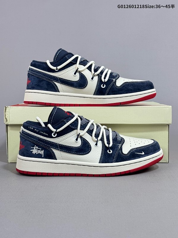 26036-45半 定制球鞋 Stussy x Air Jordan 1 Low 斯图西 x AJ1 低帮 联名蓝白红解构鞋带货号SJ9950-049