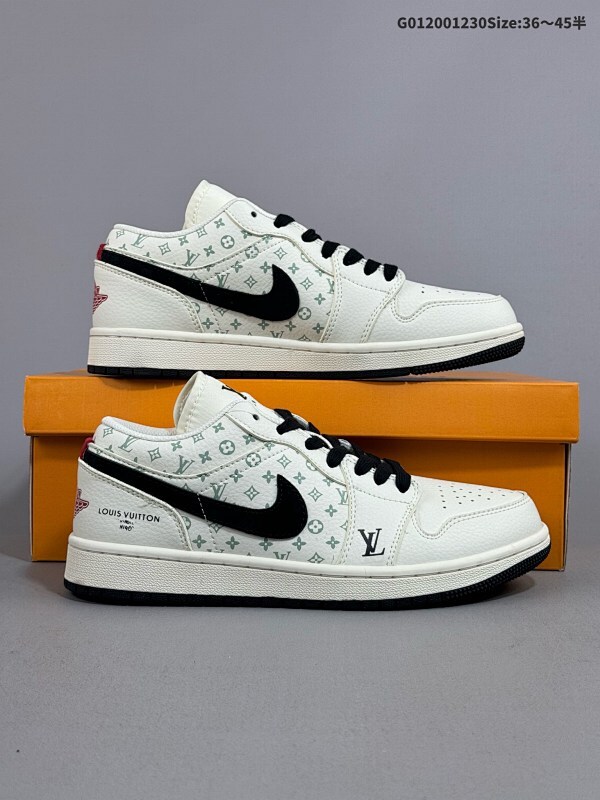 20036-45半 定制球鞋 Louis Vuitton x Air Jordan 1 Low LV x 乔丹 低帮 联名米黑红货号WG8850-009