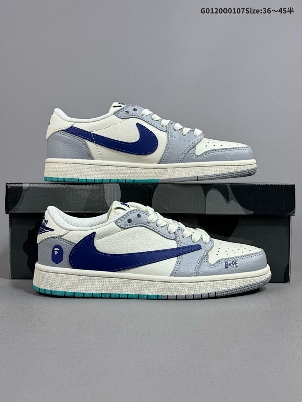 20036-45半 定制球鞋 Bape x Travis Scott x Air Jordan 1 Low Bape x AJ1 低帮 灰白蓝倒勾联名货号LJ5188-021
