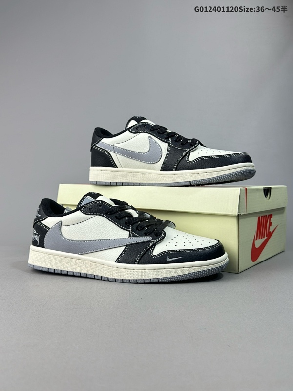25036-45半 公司级 头层定制球鞋 Stussy x Travis Scott x Air Jordan 1 Low 斯图西 x AJ1 低帮 黑白灰倒勾联名货号XZ5168-001