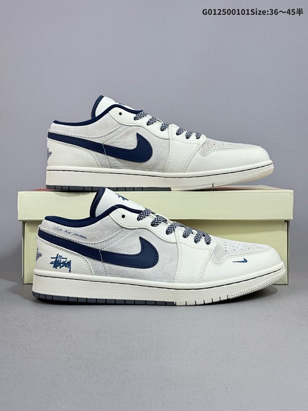 25036-45半 定制球鞋 Stussy x Air Jordan 1 Low 斯图西 x 乔丹 低帮 联名米灰蓝货号SJ9950-046
