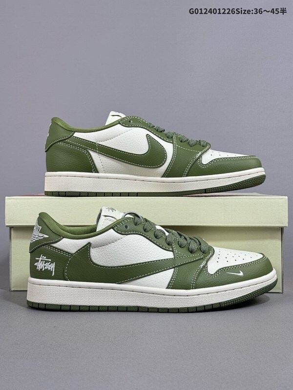 24036-45半 定制球鞋 Stussy x Travis Scott x Air Jordan 1 Low 斯图西 x AJ1 低帮 绿白倒勾联名货号BB1199-201