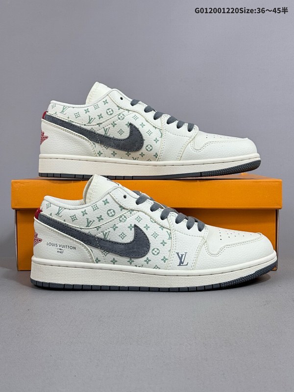 20036-45半 定制球鞋 Louis Vuitton x Air Jordan 1 Low LV x 乔丹 低帮 联名米灰红 AJ1货号WG8850-010